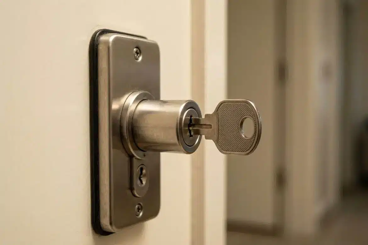 Primer plano de una cerradura moderna con llave insertada, servicio de apertura de puertas en Madrid