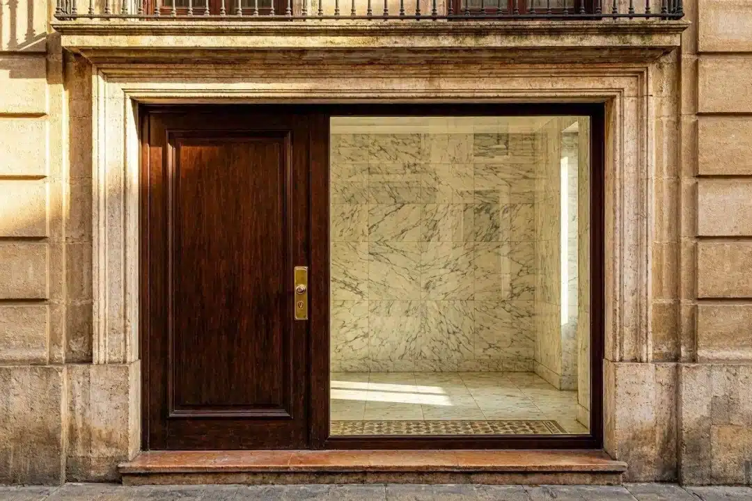 Puerta de entrada de edificio residencial en el barrio de Salamanca, Madrid